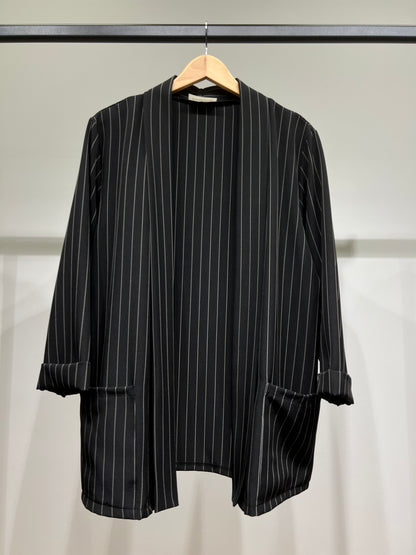 Blazer Ouvert Large Manche Longue à Poches & Rayures Fines