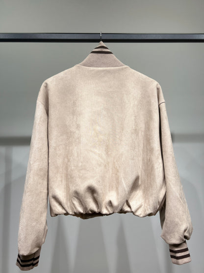 Blouson Teddy Zippé Coupe Blousante Suédine Col Montant Rayé