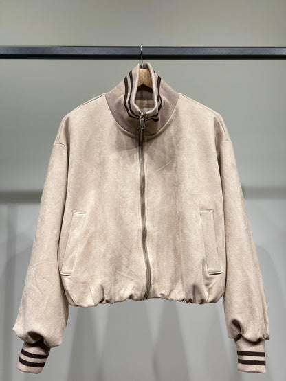 Blouson Teddy Zippé Coupe Blousante Suédine Col Montant Rayé