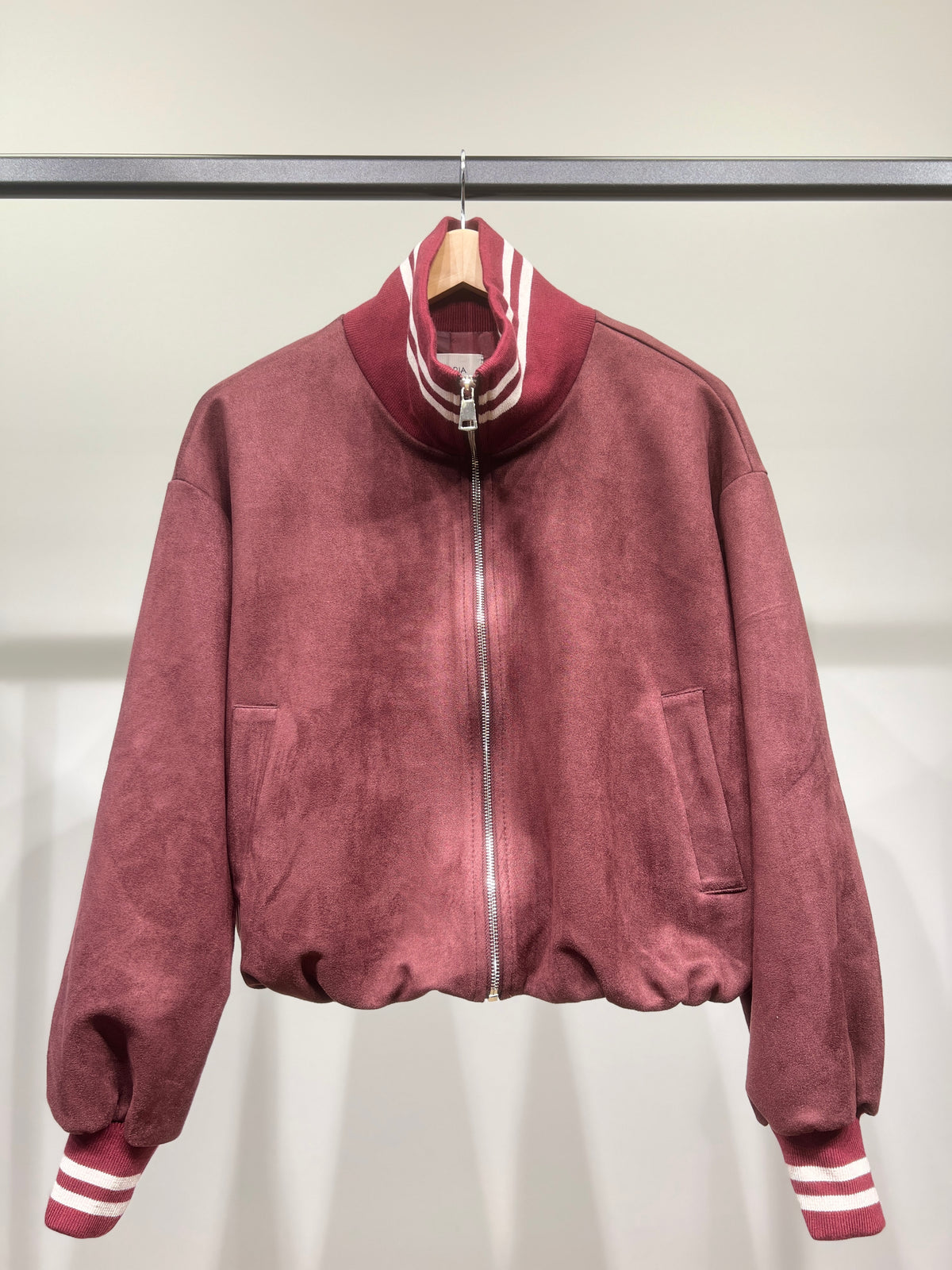 Blouson Teddy Zippé Coupe Blousante Suédine Col Montant Rayé