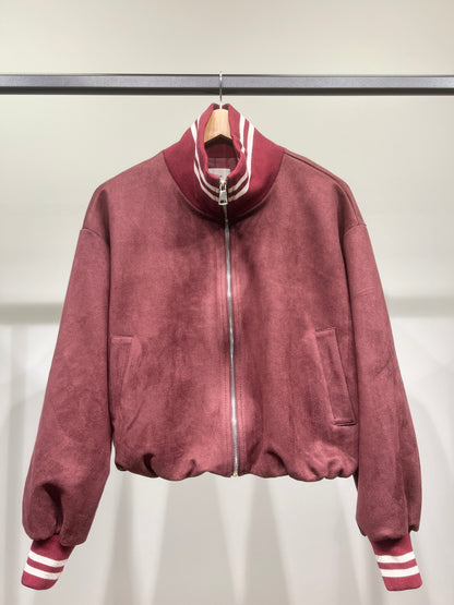 Blouson Teddy Zippé Coupe Blousante Suédine Col Montant Rayé