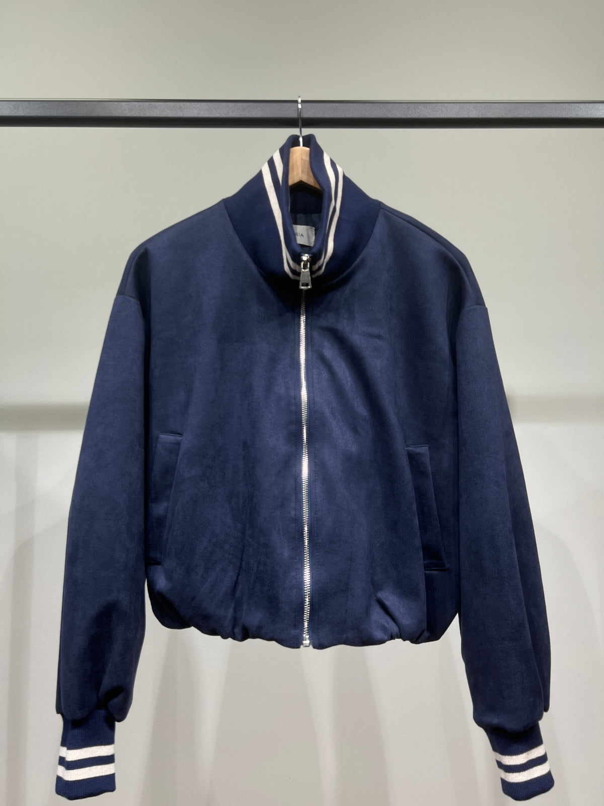 Blouson Teddy Zippé Coupe Blousante Suédine Col Montant Rayé