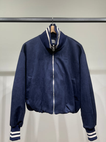 Blouson Teddy Zippé Coupe Blousante Suédine Col Montant Rayé