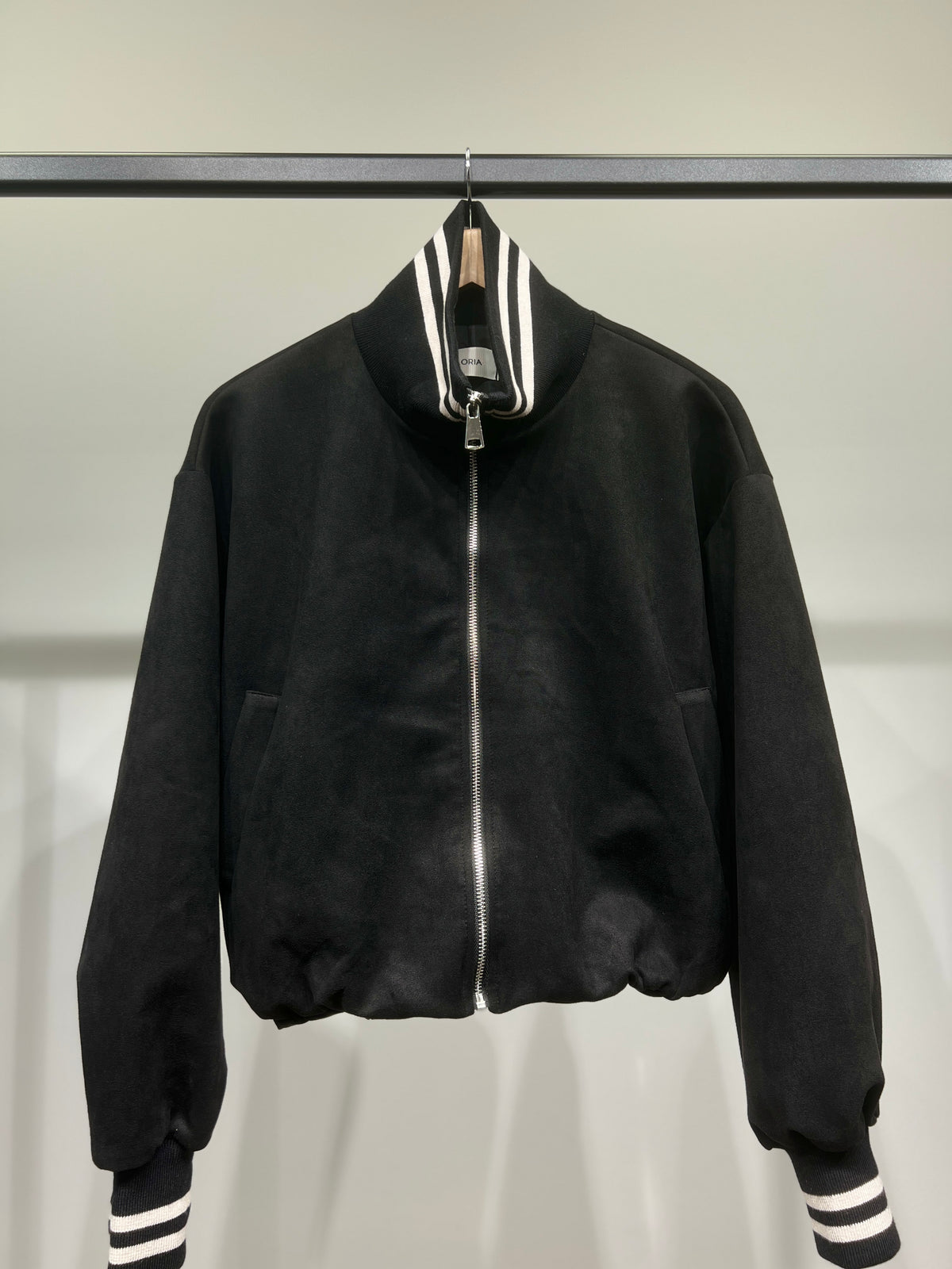 Blouson Teddy Zippé Coupe Blousante Suédine Col Montant Rayé