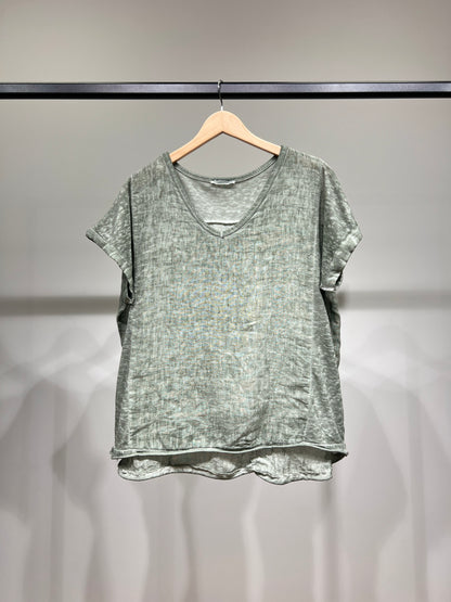 T-Shirt Manche Courte à Ourlet Chiné 100% Lin