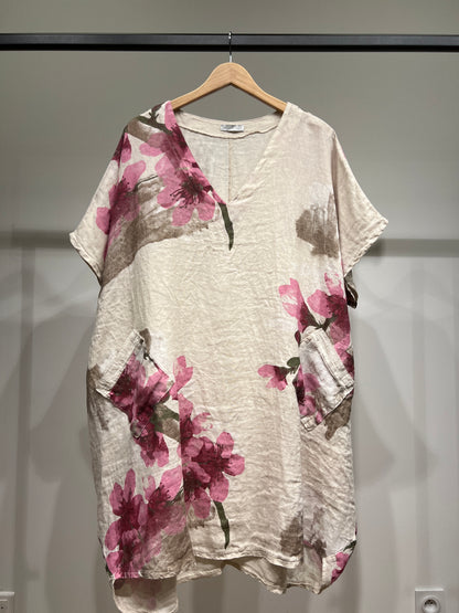 Tunique Large Col V à Poches Sequins Motif Floral 100% Lin