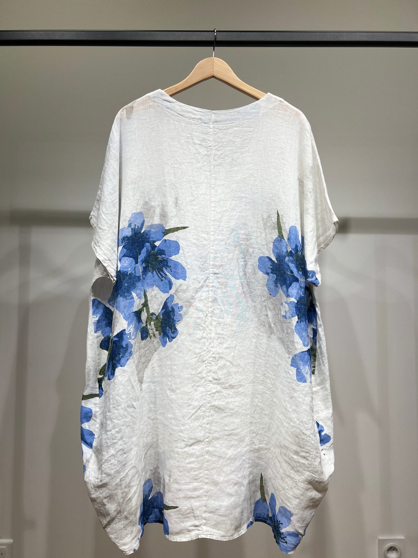 Tunique Large Col V à Poches Sequins Motif Floral 100% Lin