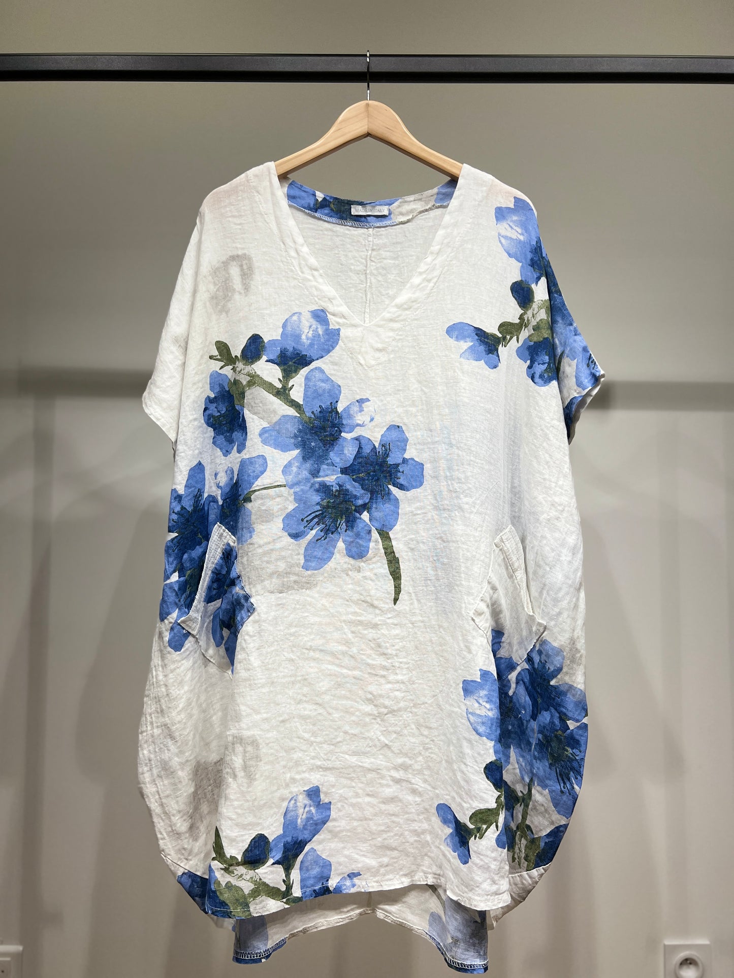 Tunique Large Col V à Poches Sequins Motif Floral 100% Lin