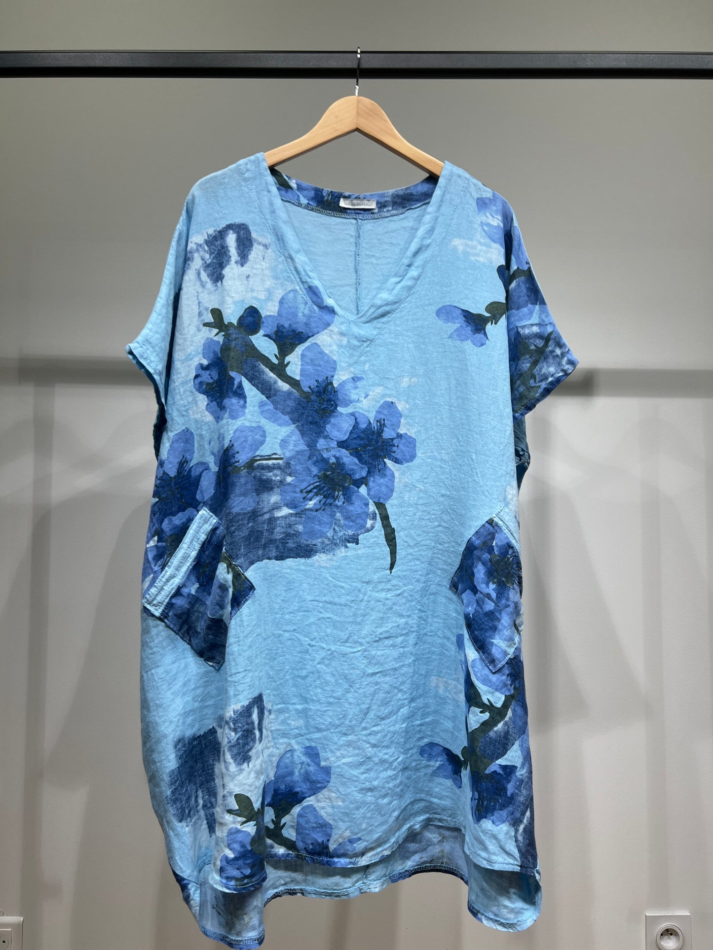 Tunique Large Col V à Poches Sequins Motif Floral 100% Lin