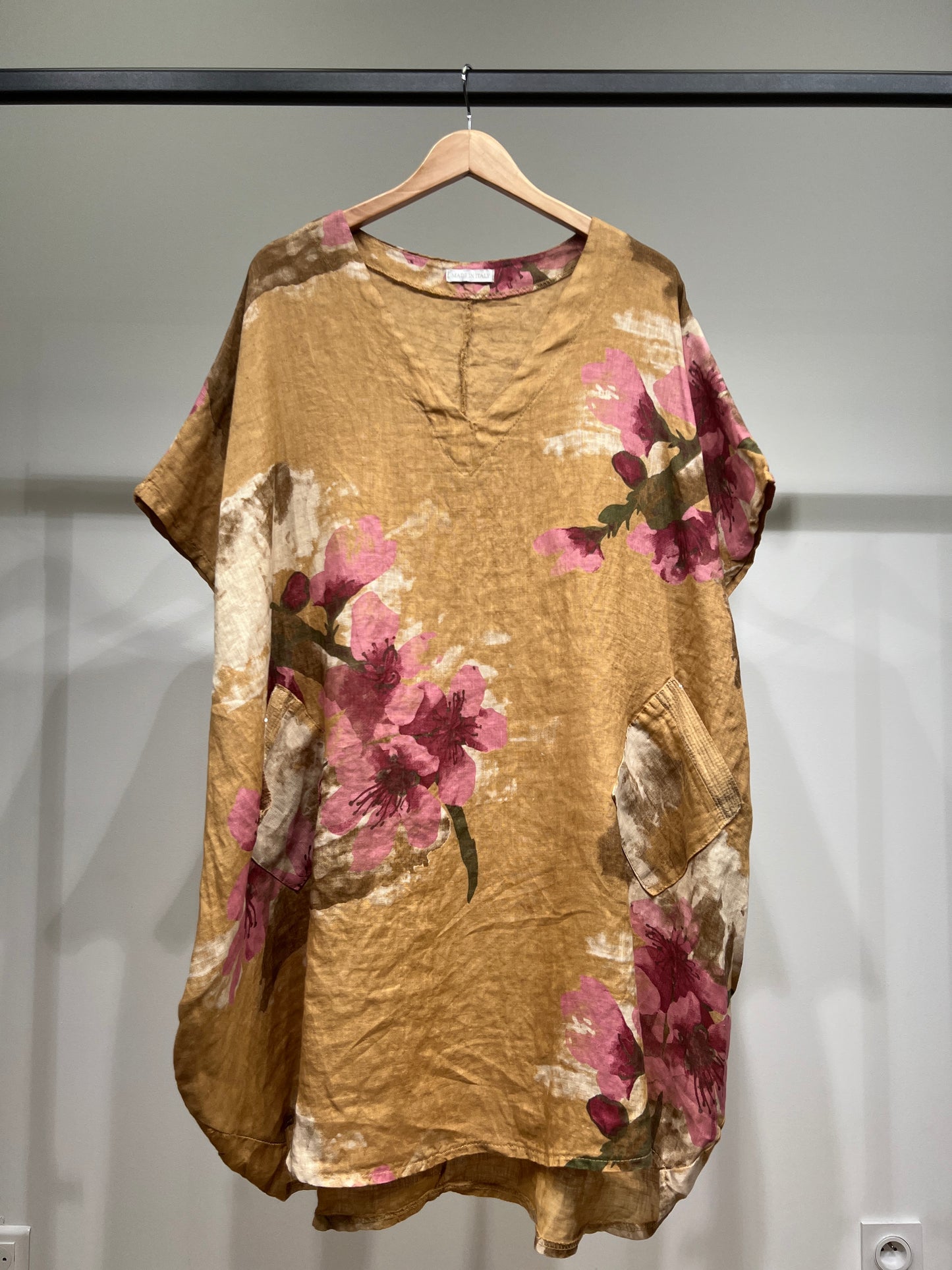 Tunique Large Col V à Poches Sequins Motif Floral 100% Lin