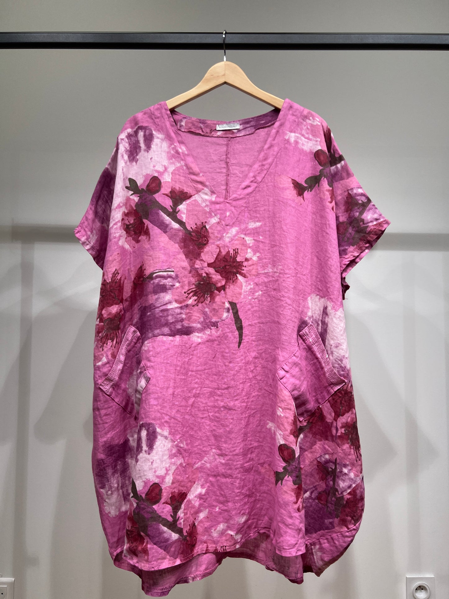 Tunique Large Col V à Poches Sequins Motif Floral 100% Lin