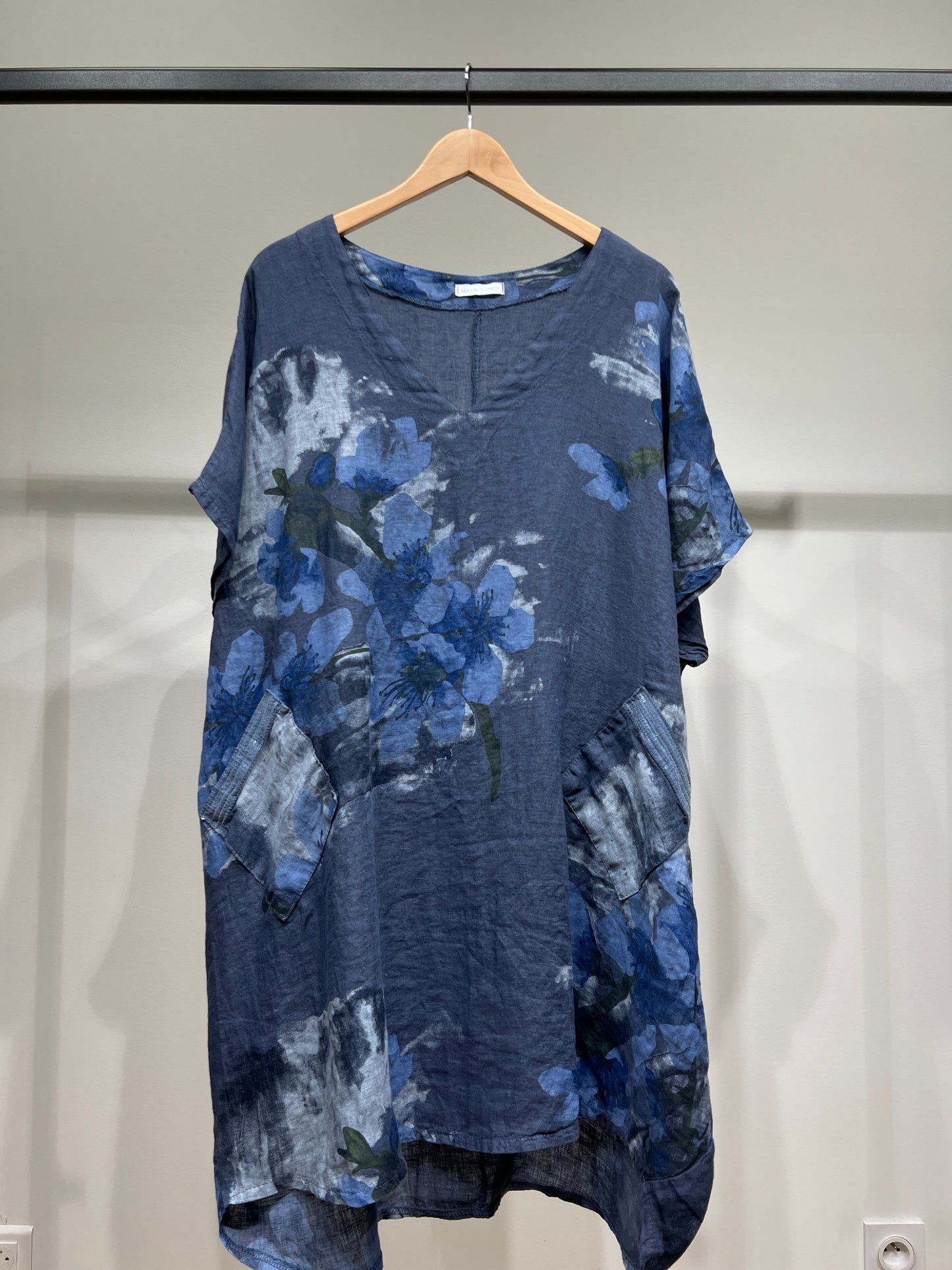 Tunique Large Col V à Poches Sequins Motif Floral 100% Lin