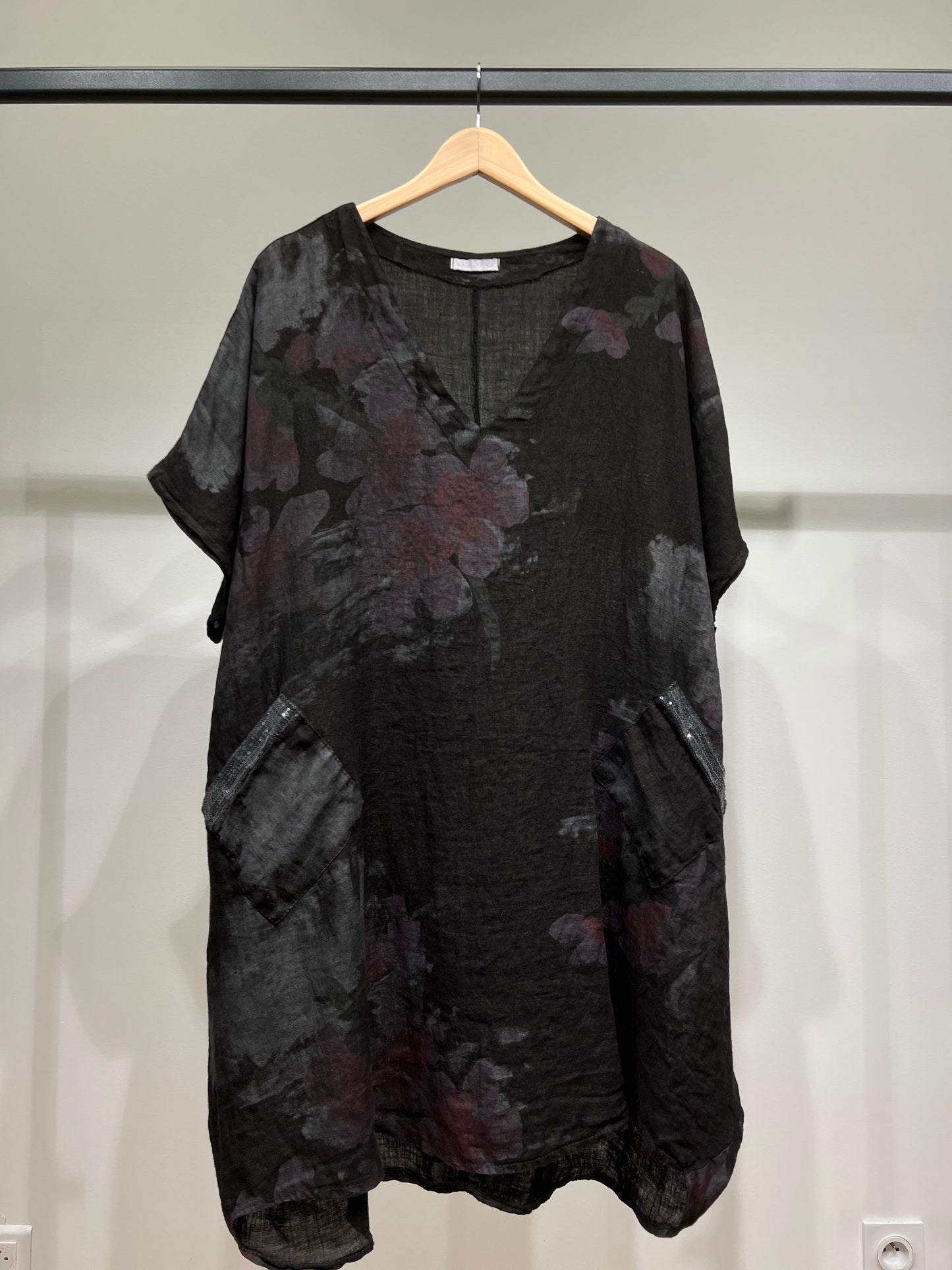 Tunique Large Col V à Poches Sequins Motif Floral 100% Lin