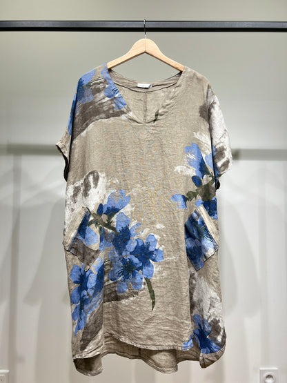 Tunique Large Col V à Poches Sequins Motif Floral 100% Lin