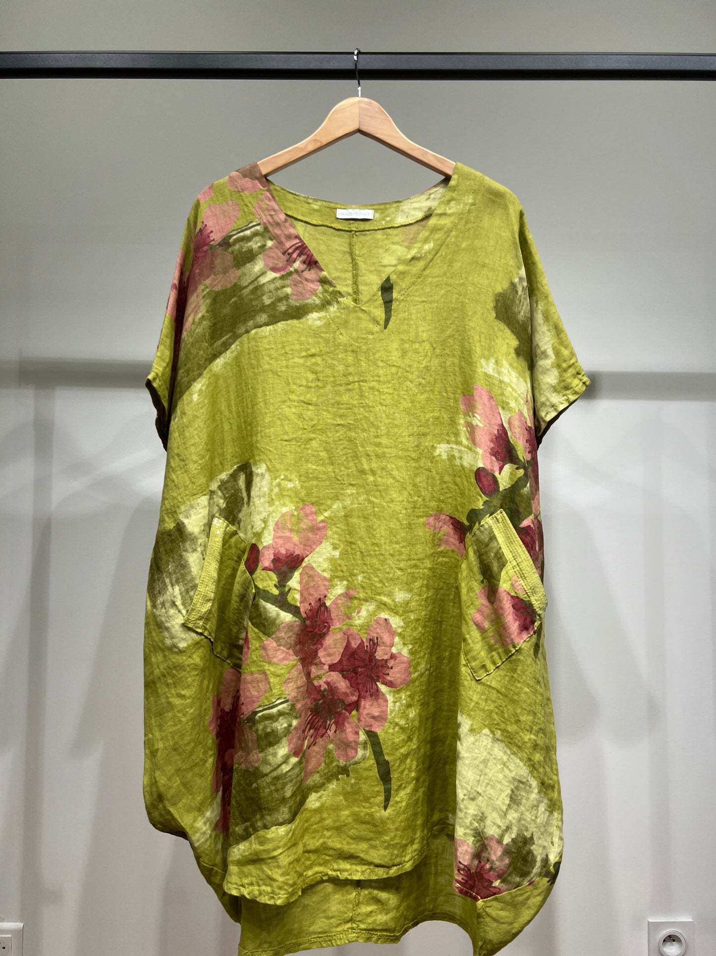 Tunique Large Col V à Poches Sequins Motif Floral 100% Lin