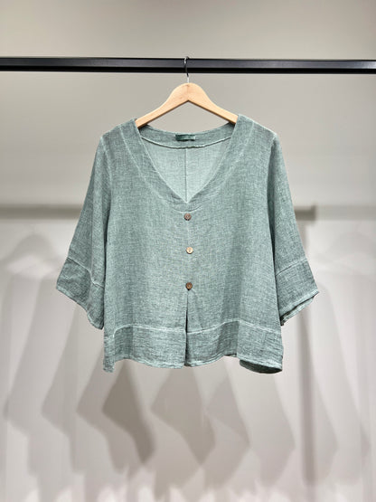 Pull Manche 3/4 Effet Cardigan 50% Lin & 50% Coton
