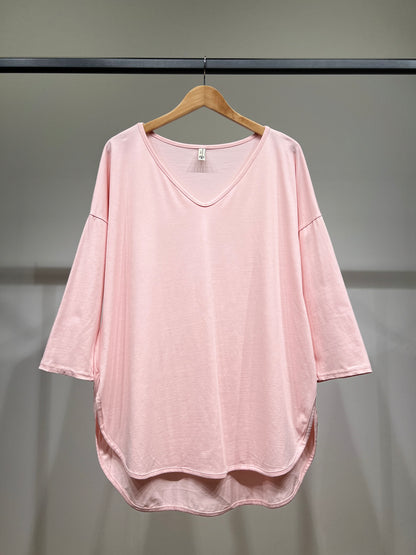 T-Shirt Large Col V Manche 3/4 Pans Arrondis 95% Coton