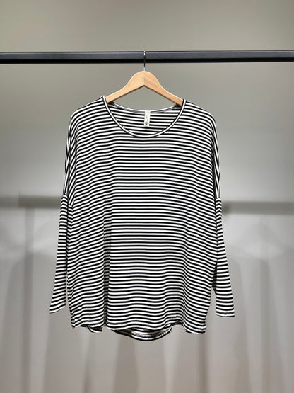 T-Shirt Large Col Rond Motif Marinière Emmanchures Tombantes 95% Viscose