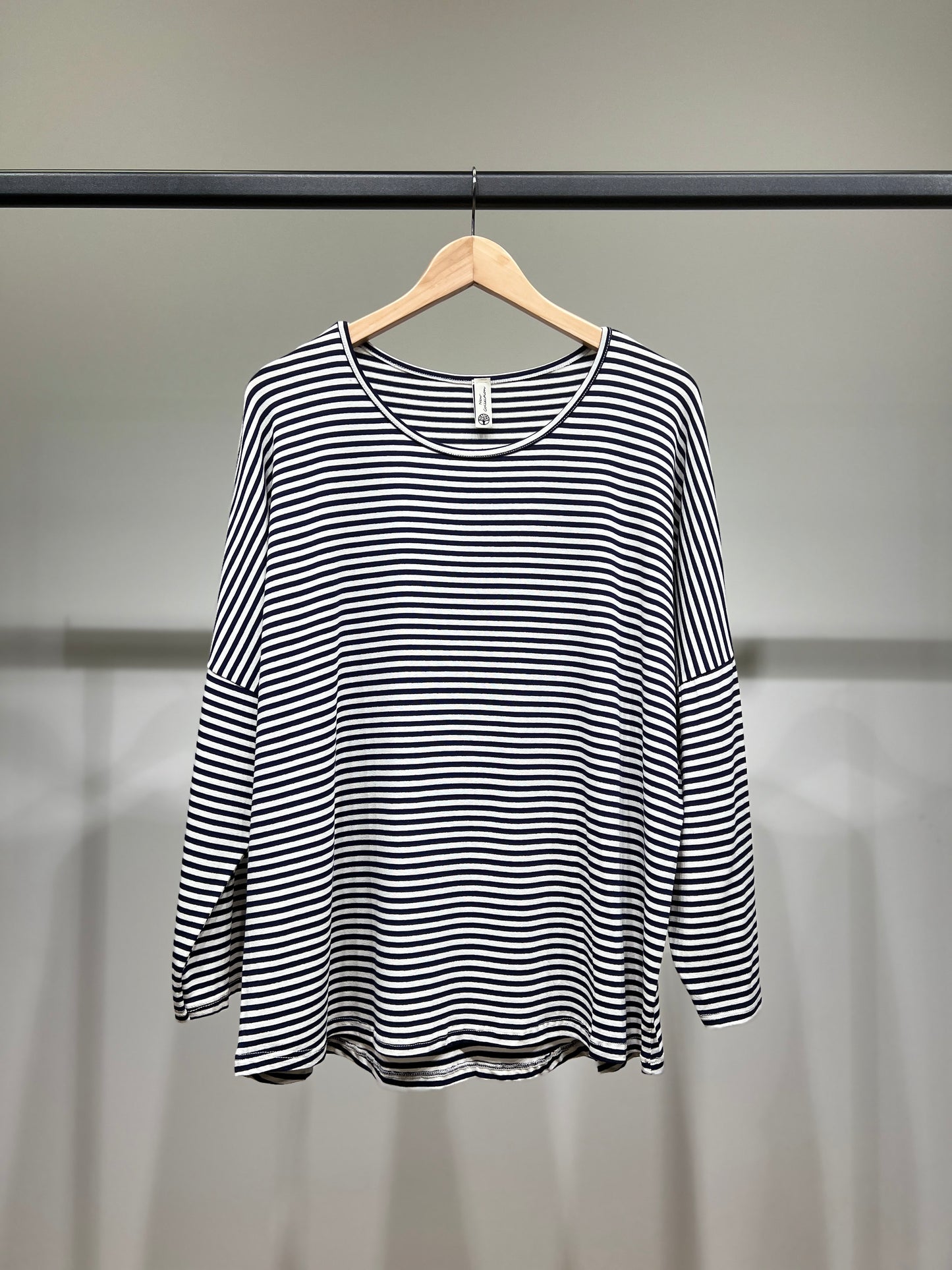 T-Shirt Large Col Rond Motif Marinière Emmanchures Tombantes 95% Viscose