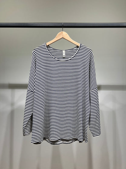 T-Shirt Large Col Rond Motif Marinière Emmanchures Tombantes 95% Viscose