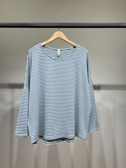 T-Shirt Large Col Rond Motif Marinière Emmanchures Tombantes 95% Viscose