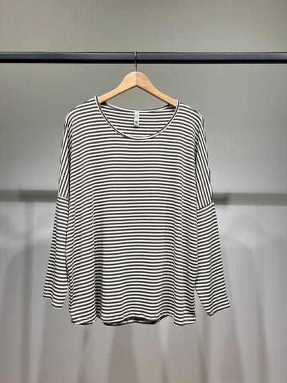 T-Shirt Large Col Rond Motif Marinière Emmanchures Tombantes 95% Viscose