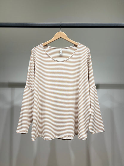 T-Shirt Large Col Rond Motif Marinière Emmanchures Tombantes 95% Viscose