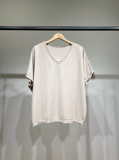 T-Shirt Large Manche Chauve Souris Courte Col V 100% Coton