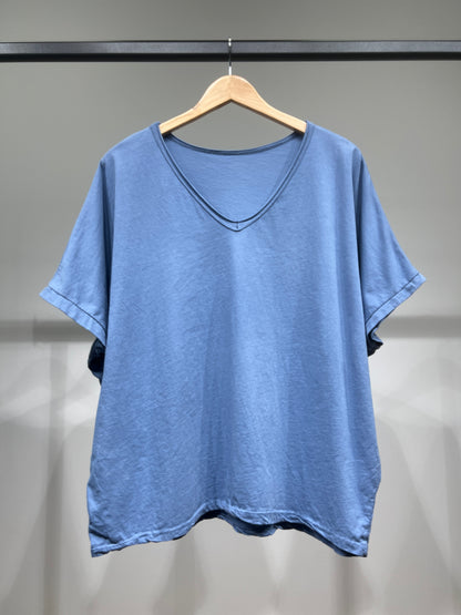 T-Shirt Large Manche Chauve Souris Courte Col V 100% Coton