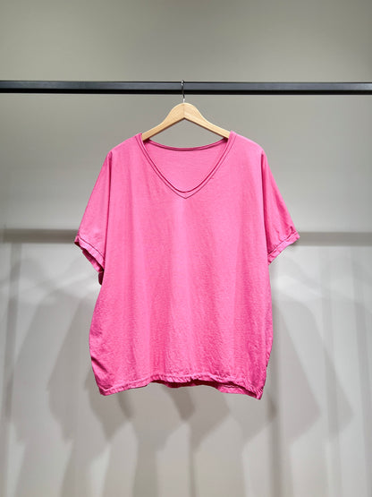 T-Shirt Large Manche Chauve Souris Courte Col V 100% Coton