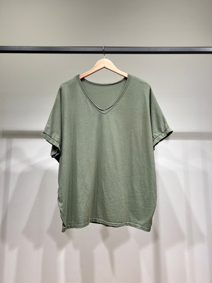 T-Shirt Large Manche Chauve Souris Courte Col V 100% Coton