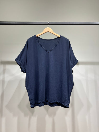 T-Shirt Large Manche Chauve Souris Courte Col V 100% Coton