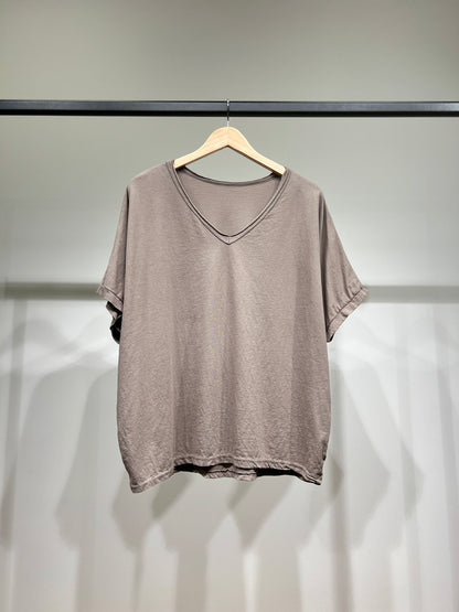 T-Shirt Large Manche Chauve Souris Courte Col V 100% Coton