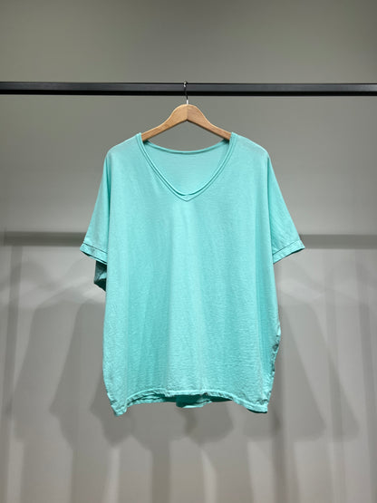 T-Shirt Large Manche Chauve Souris Courte Col V 100% Coton