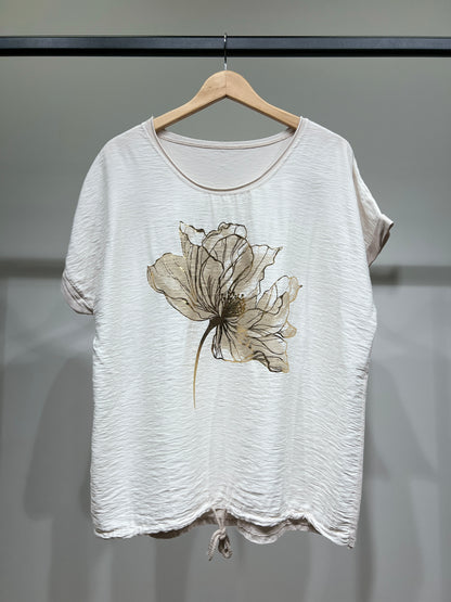 T-Shirt Large Cordon De Serrage Motif Fleur Dorure 50% Coton