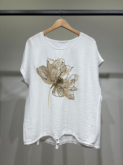 T-Shirt Large Cordon De Serrage Motif Fleur Dorure 50% Coton