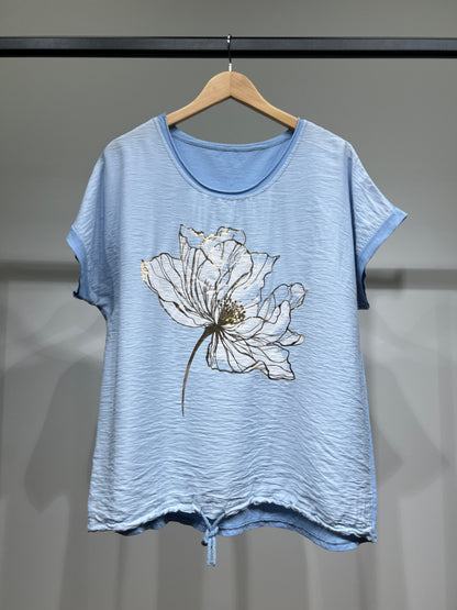 T-Shirt Large Cordon De Serrage Motif Fleur Dorure 50% Coton