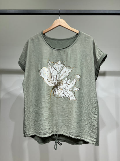 T-Shirt Large Cordon De Serrage Motif Fleur Dorure 50% Coton