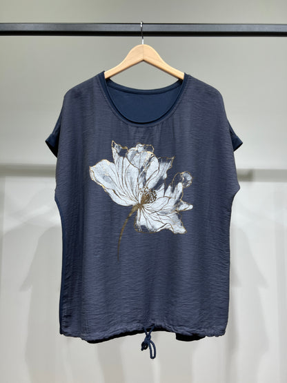 T-Shirt Large Cordon De Serrage Motif Fleur Dorure 50% Coton