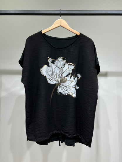 T-Shirt Large Cordon De Serrage Motif Fleur Dorure 50% Coton