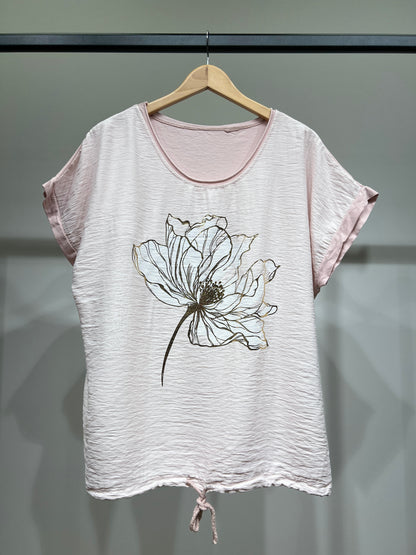 T-Shirt Large Cordon De Serrage Motif Fleur Dorure 50% Coton