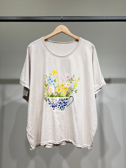 T-Shirt Large Manche Courte Motif Tasse Fleurie 100% Coton