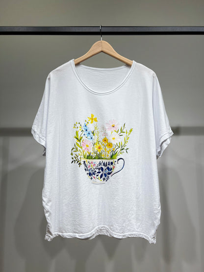 T-Shirt Large Manche Courte Motif Tasse Fleurie 100% Coton