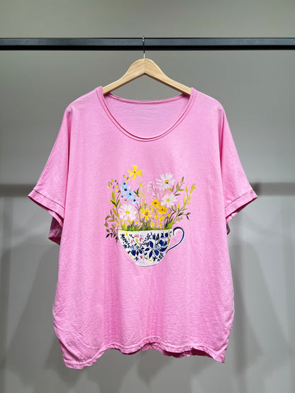 T-Shirt Large Manche Courte Motif Tasse Fleurie 100% Coton