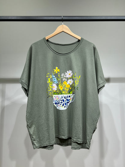 T-Shirt Large Manche Courte Motif Tasse Fleurie 100% Coton