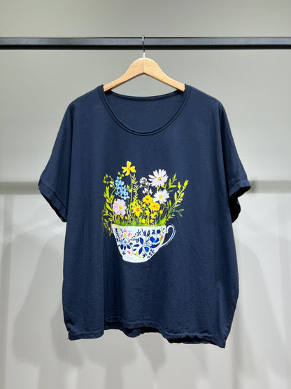 T-Shirt Large Manche Courte Motif Tasse Fleurie 100% Coton