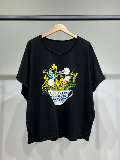 T-Shirt Large Manche Courte Motif Tasse Fleurie 100% Coton