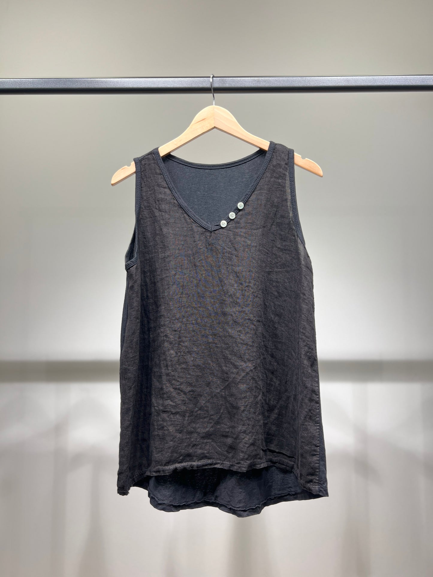 Débardeur Col V à Boutons Bi-Matière 50% Lin 50% Coton
