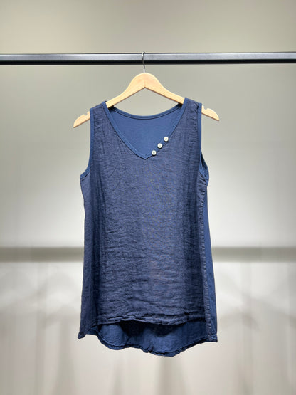 Débardeur Col V à Boutons Bi-Matière 50% Lin 50% Coton