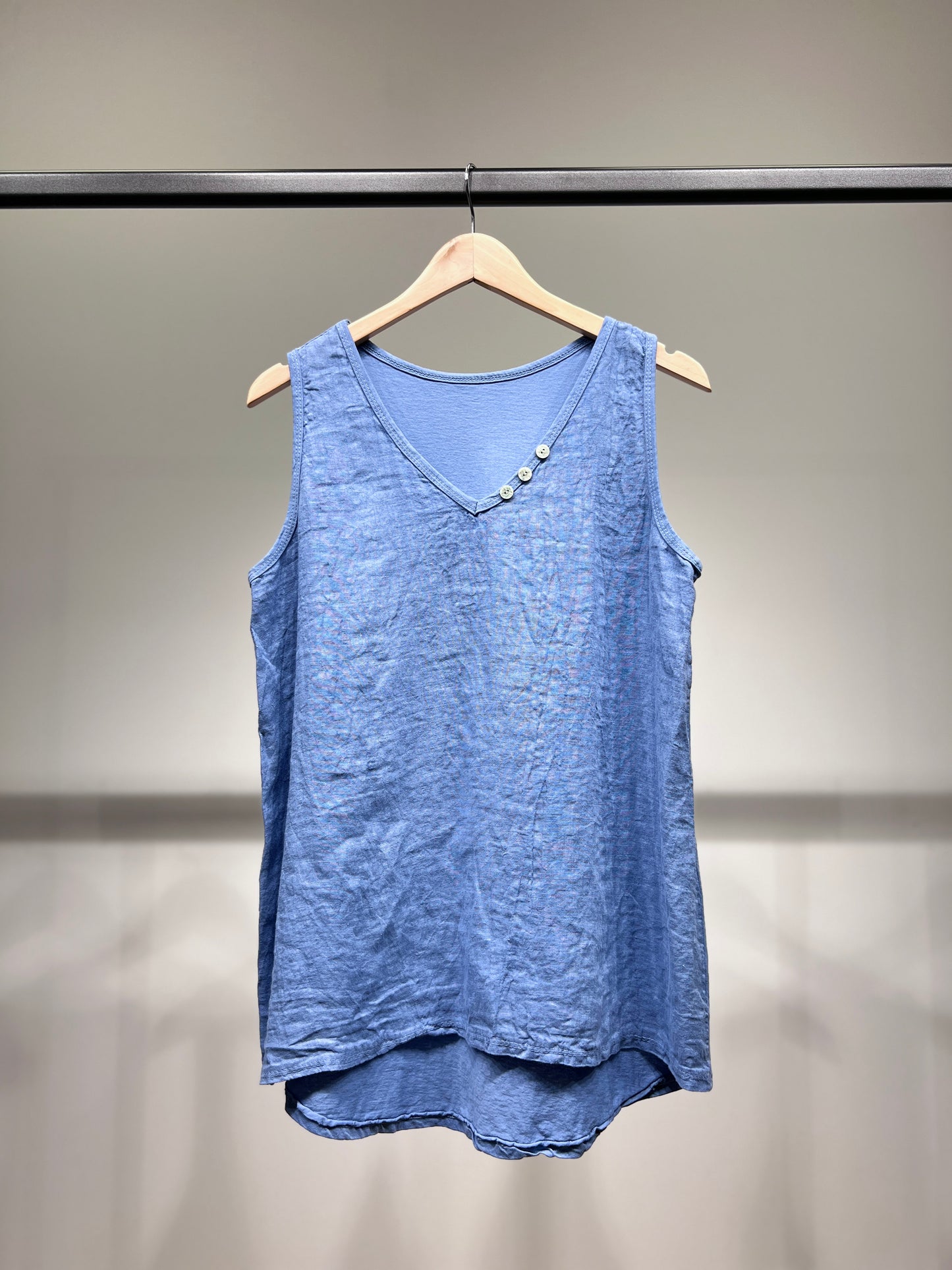 Débardeur Col V à Boutons Bi-Matière 50% Lin 50% Coton